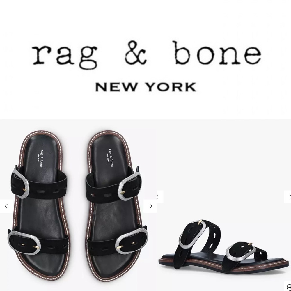 NEW RAG & BONE BLACK ANSLEY SUEDE BUCKLE SLIDES : BLACK. Size 36.5